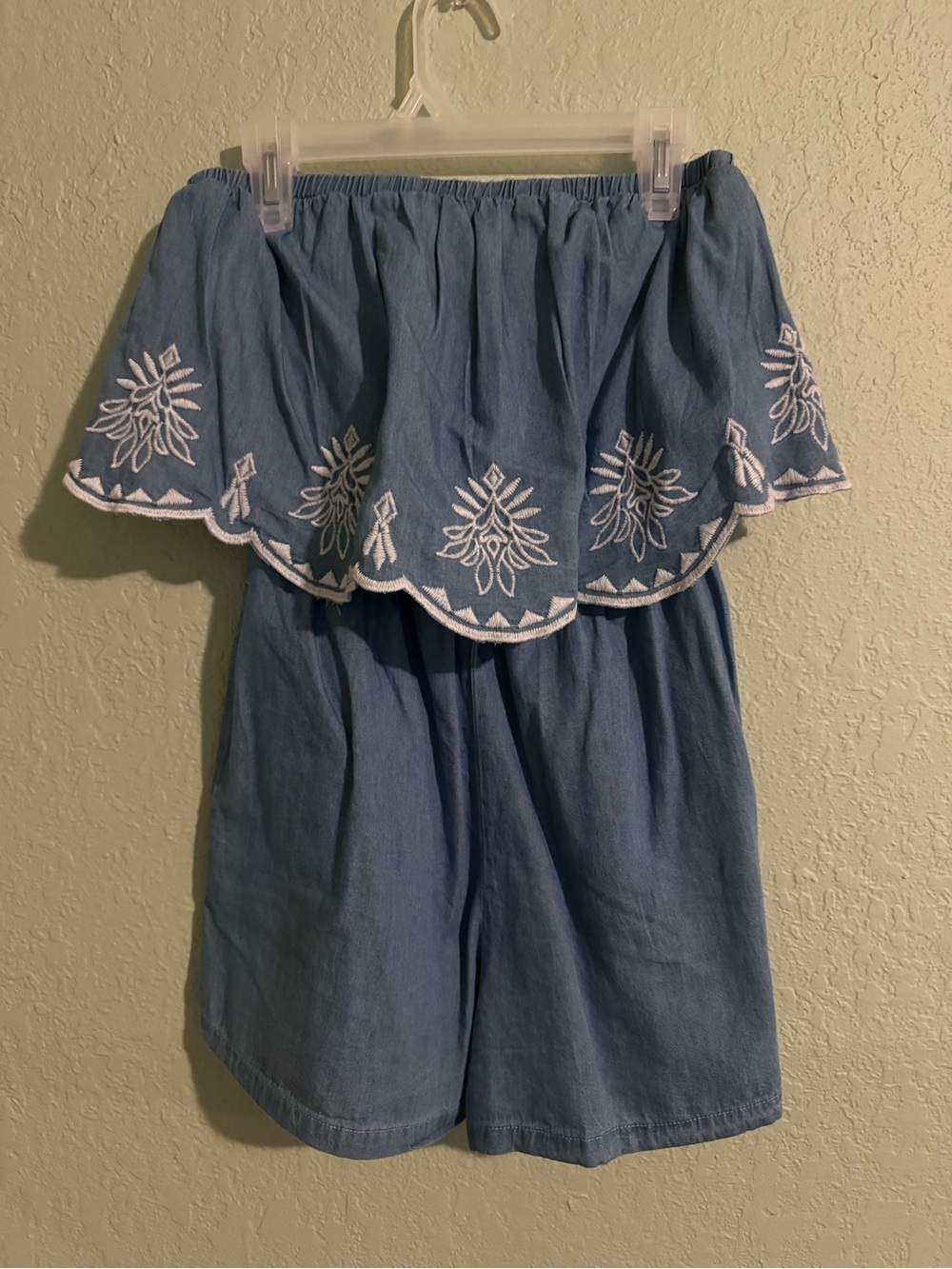 Japna Light Blue Embroidered Off-Shoulder Shorts Romper